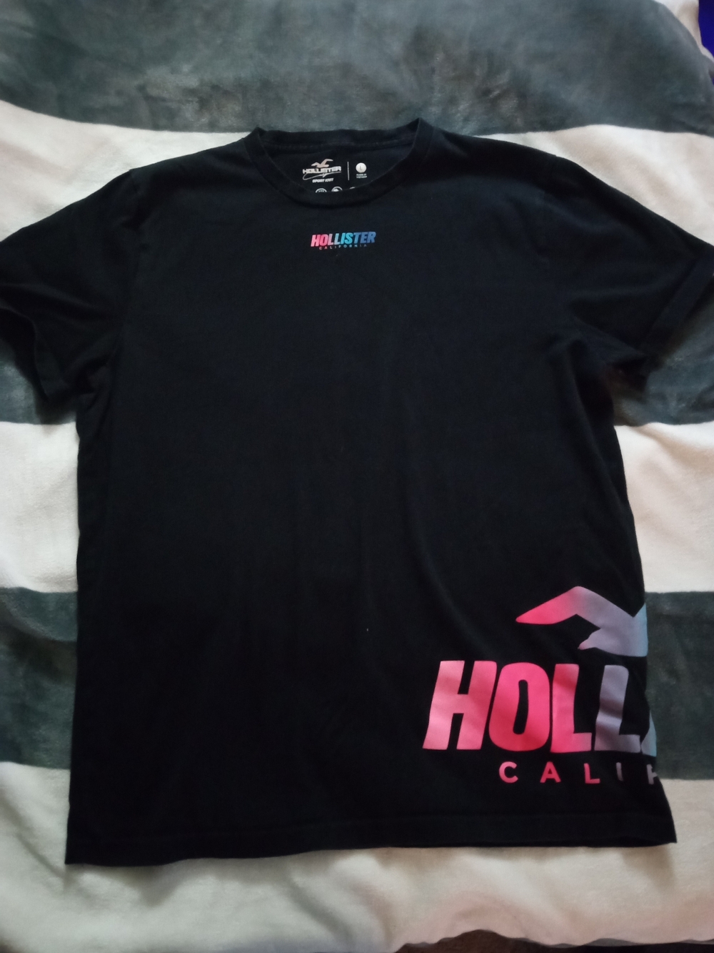 Hollister Black Tee with Pink and Blue Gradient Hem Logo